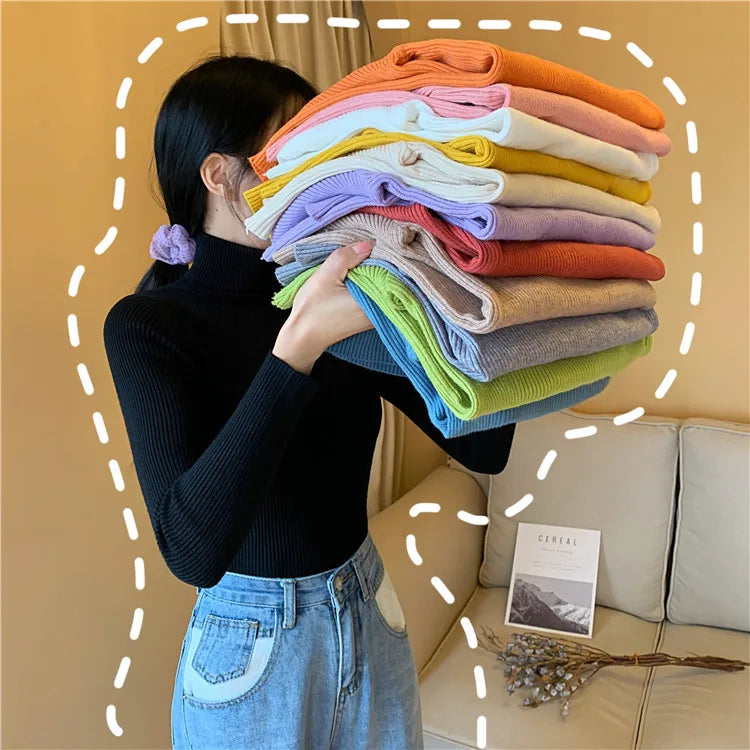 2025 Autumn Winter Women Long Sleeve Knitted Foldover Turtleneck Ribbed Pull Sweater Soft Warm Femme Jumper Pullover Clothes