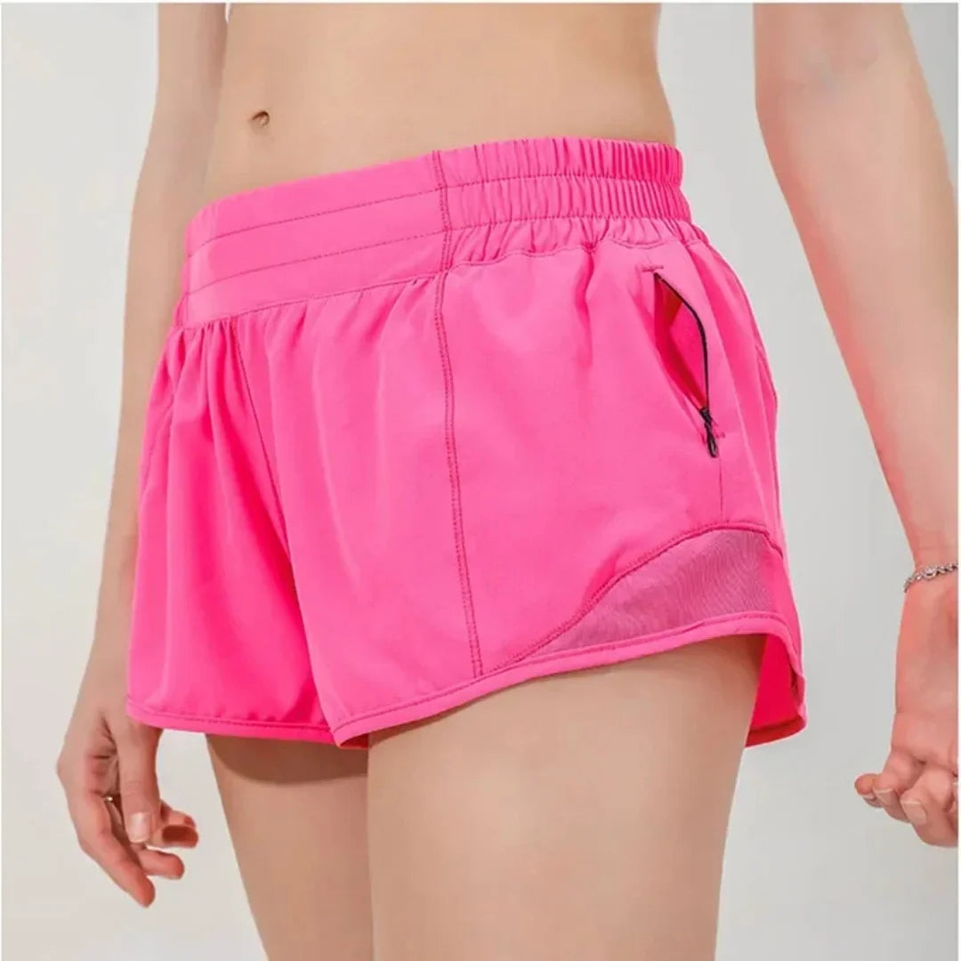 Quick drying sports shorts with lined zipper pockets, women's high waisted running shorts