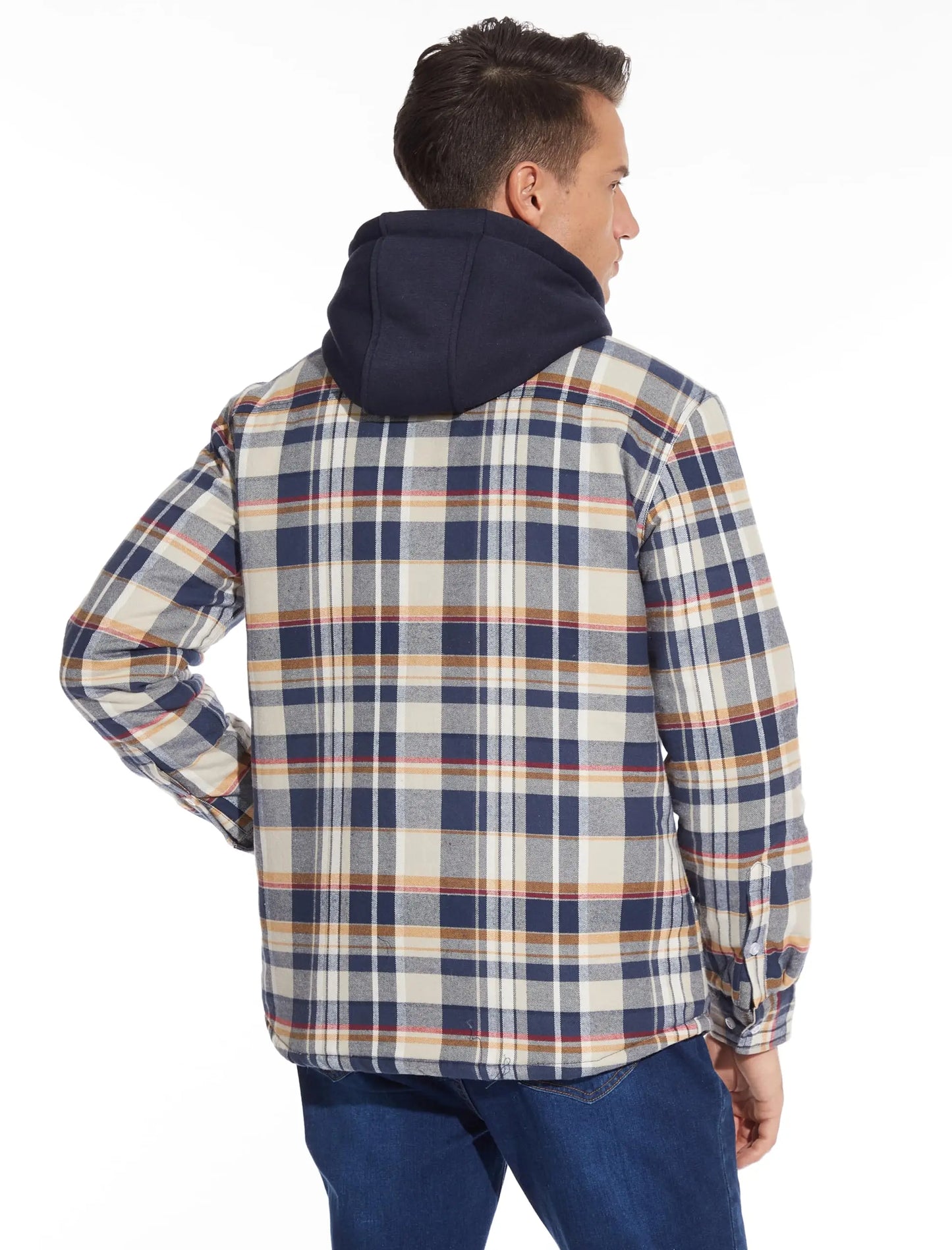 TACVASEN Men's Flannel Shirt Jacket with Removable Hood Plaid Quilted Lined Winter Coats Thick Hoodie Outwear Man Fleece Shirts