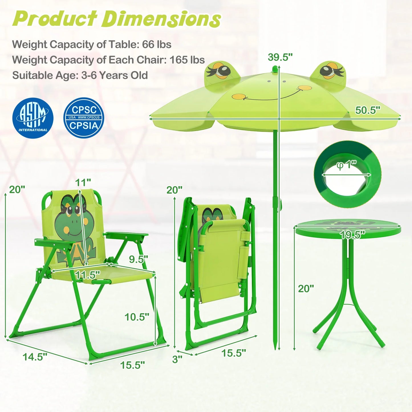 Kids Picnic Table & Chair Set with 2 Folding Chairs & Height Adjustable Umbrella