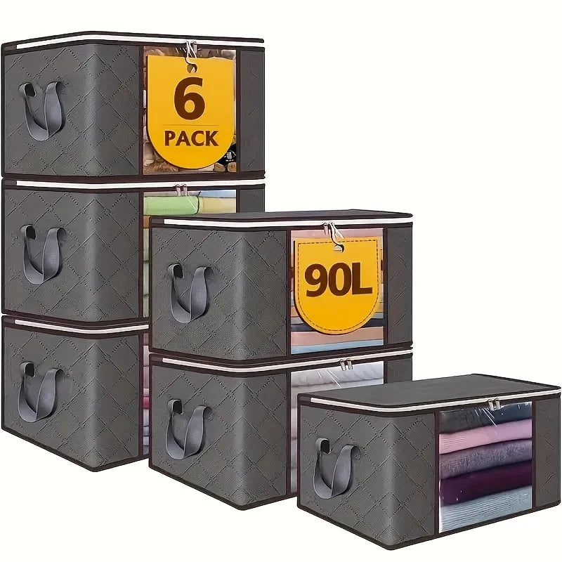 6pcs 23.78 gallon oversized storage bag with zipper and lid - Foldable and durable clothing organizing bag suitable for bedding