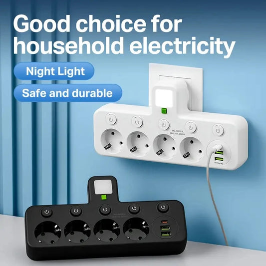 EU Plug Power Strip 4 AC Outlets 2 USB 1 Type-C Ports Two specifications Independent switch with small night light