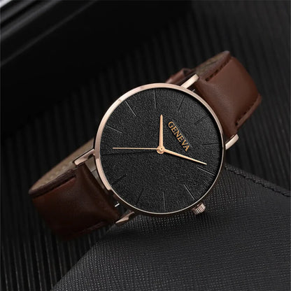 Men’s Stylish Leather Watch & Bracelet Set
