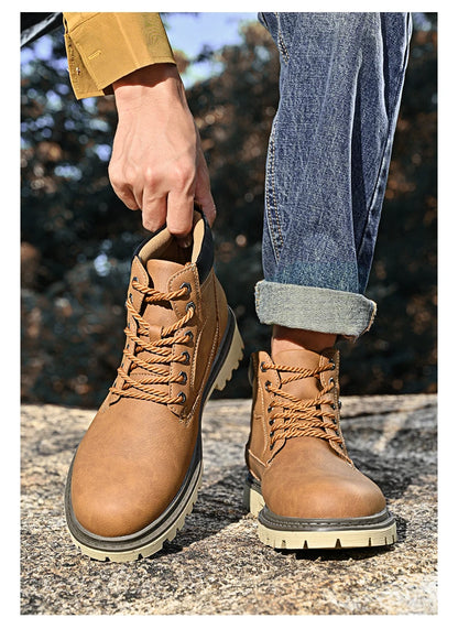 Leather Men Work Boots Mid Calf Ankle High Top Non Slip