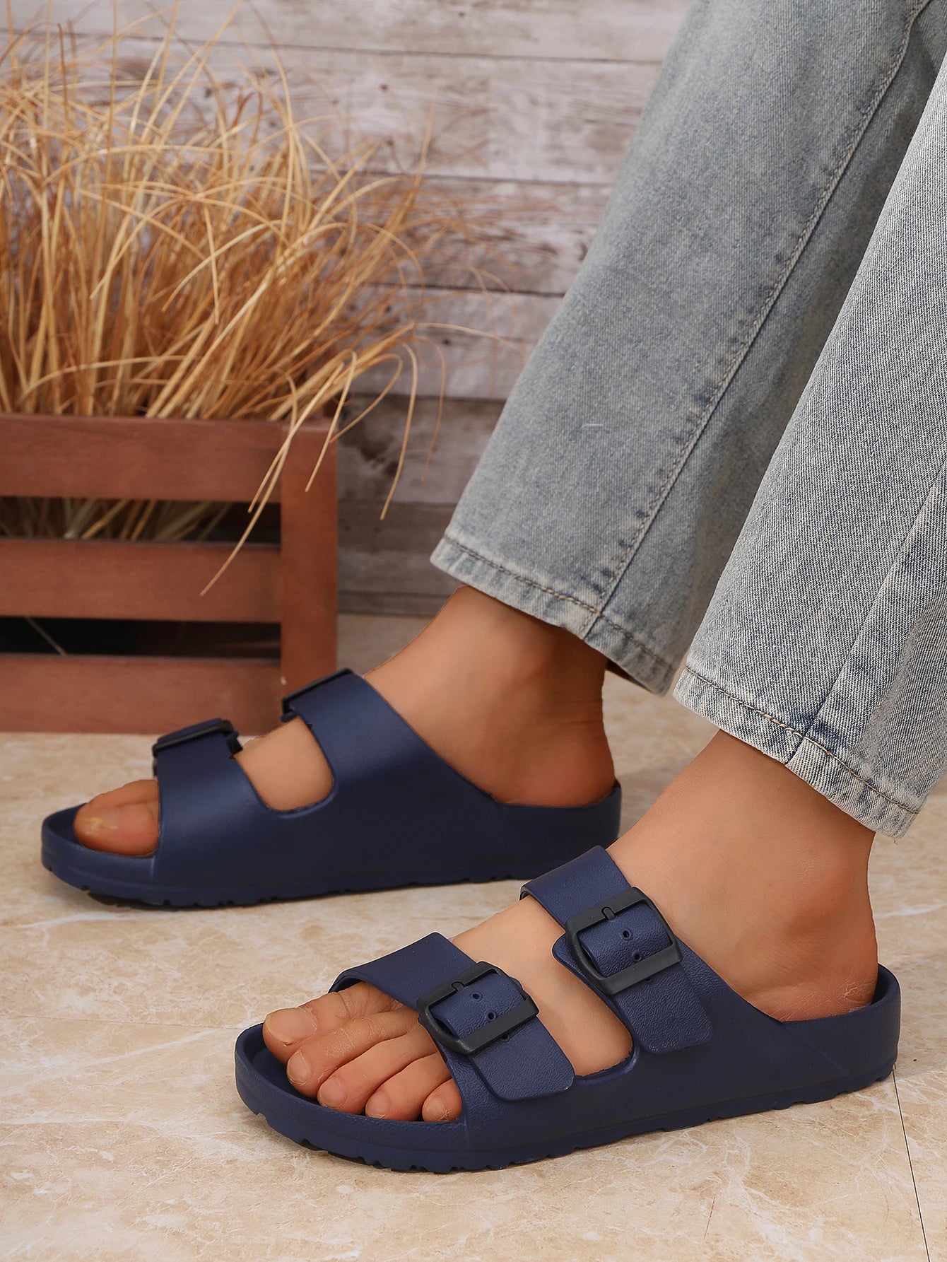 EVA Slip On Slippers With One Piece Molded Double Strap Adjustable Buckle