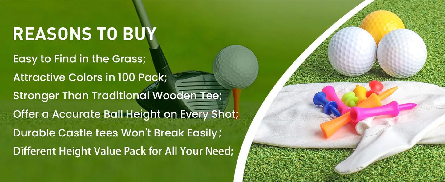 Plastic Golf Castle Tees Step Down Unbreakable Mixed or Same Height Value 50 Pcs, 2 3/4, 2 1/4, 2, 1 3/4, 1 1/2 Inch Length