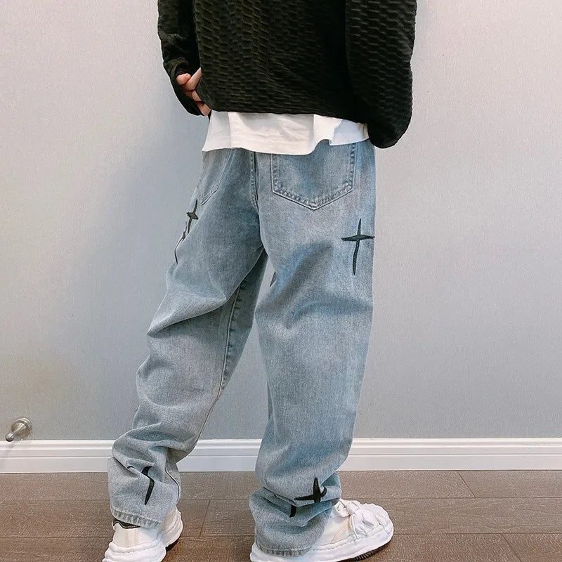 Men's Denim Cargo Jeans, Loose Wide-Leg, Casual Streetwear