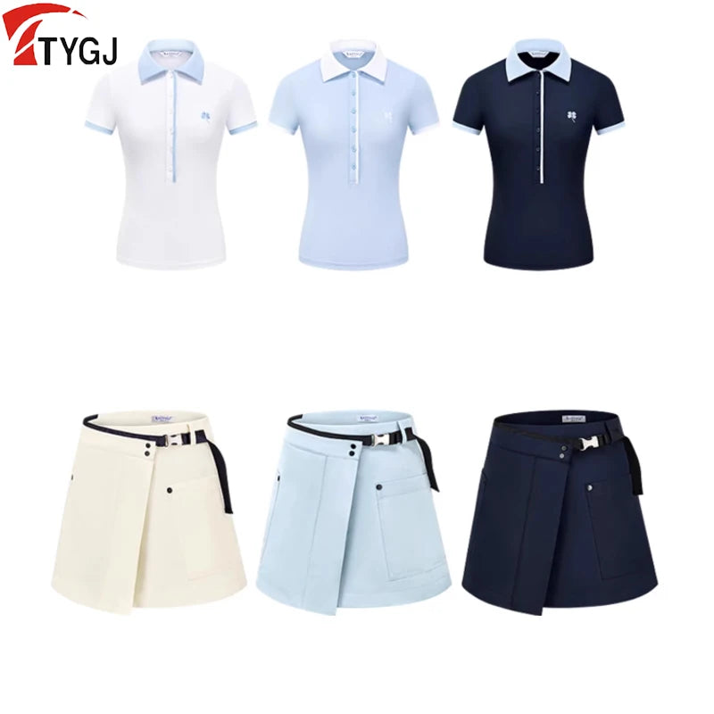 TTYGJ 2025 New Golf Women's Short-sleeved Shirt Quick-drying Breathable Polo Top Lady A-lined Golf Skirt Anti-exposure Skorts