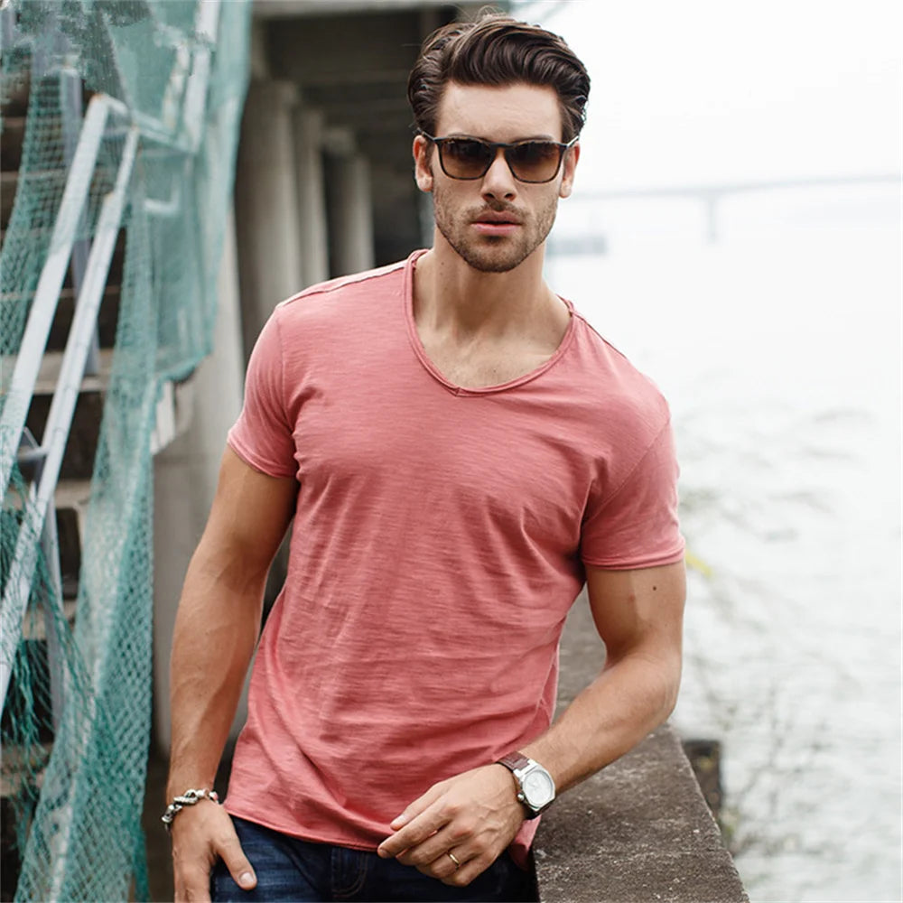 AIOPESON100% Cotton Men T-shirt V-neck Fashion Design Slim Fit Soild T-shirts Male Tops Tees Short Sleeve T Shirt O-neck For Men