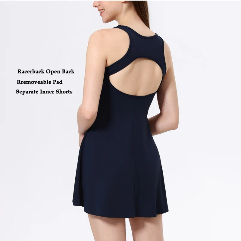 VITALINOVO Square Neck Womens Two Pieces Tennis Dress with Shorts Open Racerback Built-in Bra Workout Athletic Golf Dresses