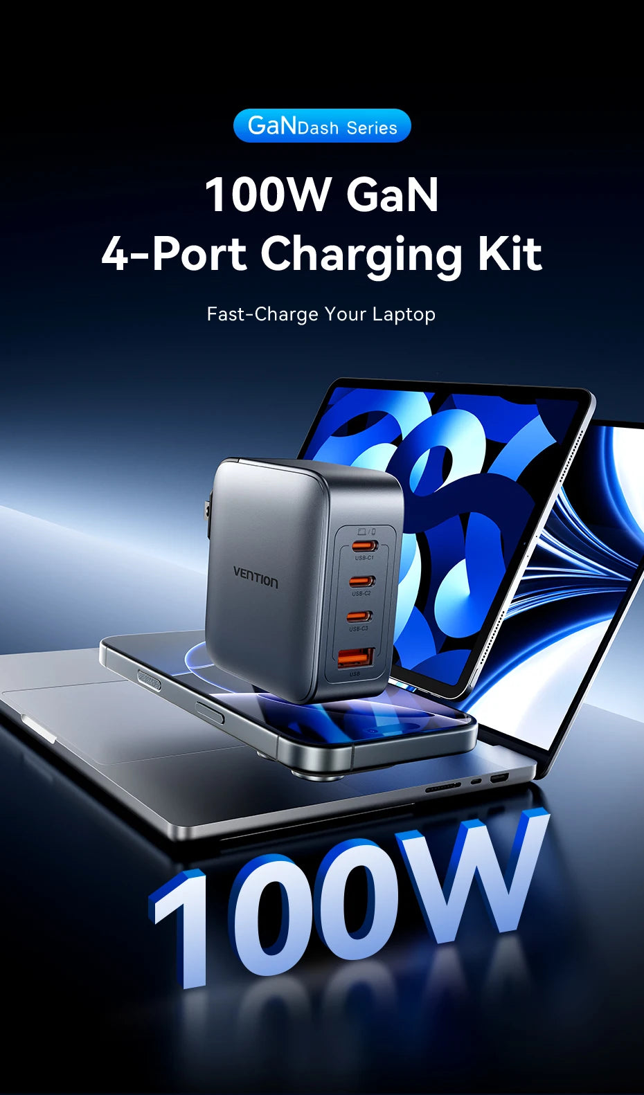 Vention USB Charger 100W GaN Charge for iPhone 16 15 14 PD Fast Charging for iPad Xiaomi Samsung USB Type C Mobile Phone Charger