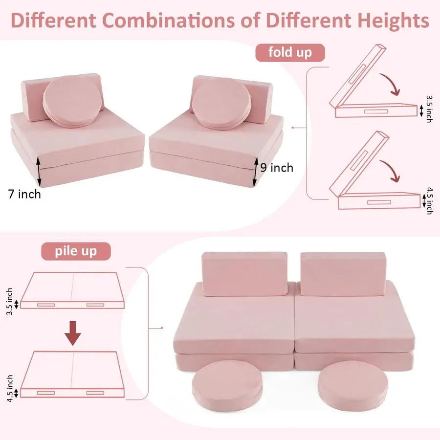 Modular Kids Play Couch, 6 PCS Toddler Creative Sectional Fort Building Sofa for Playroom, Bedroom, Children Convertible Soft Fo