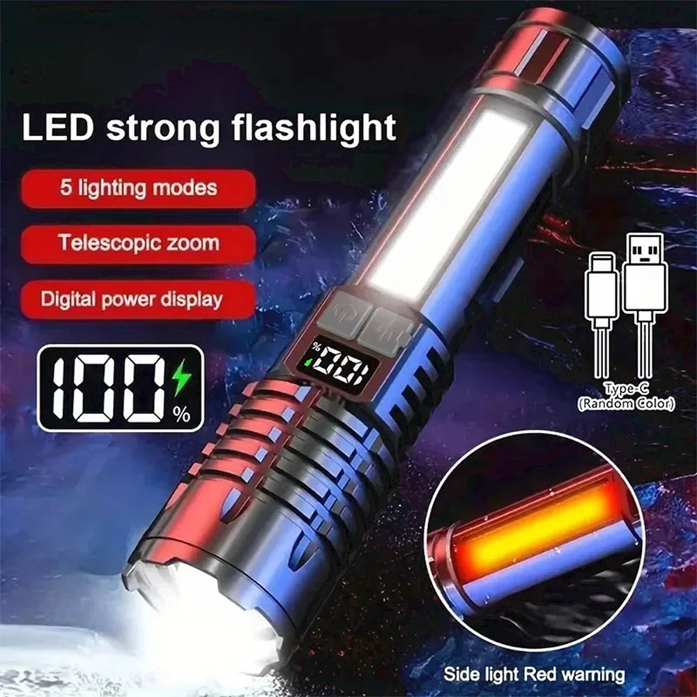 LED Flashlight ABS Type-C Rechargeable COB Torch With Side Light Black