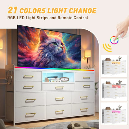 11-Drawer Dresser and 60-Inch TV Stand With LED Lights Charging Station Shelves