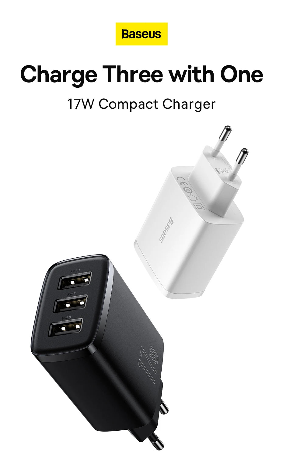 Baseus 17W USB Charger 3 USB Fast Charging Charger For iPhone Xiaomi Mobile Phone Portable Multiple Port Wall Charger EU Adapter
