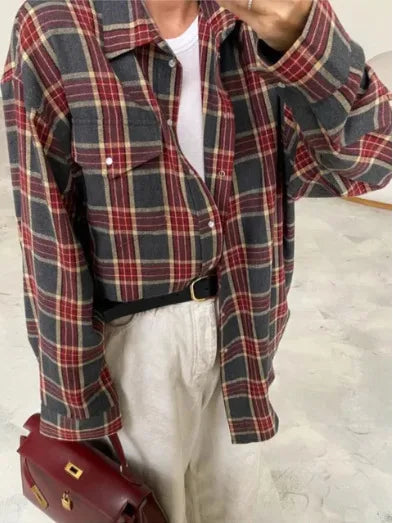 Oversized Plaid Shirt For Women Long Sleeve Button-Down Korean Style