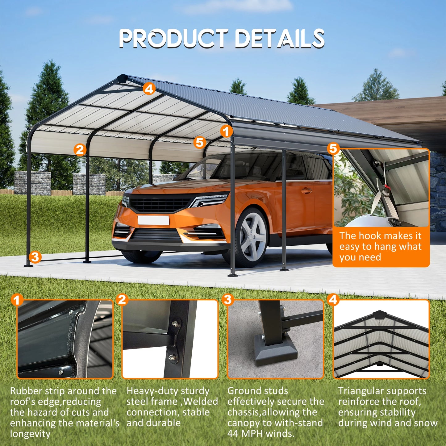 12x20 FT Heavy Duty Metal Carport, All-Weather Galvanized Steel Shelter for Cars, Trucks, Boats & SUVs in Black