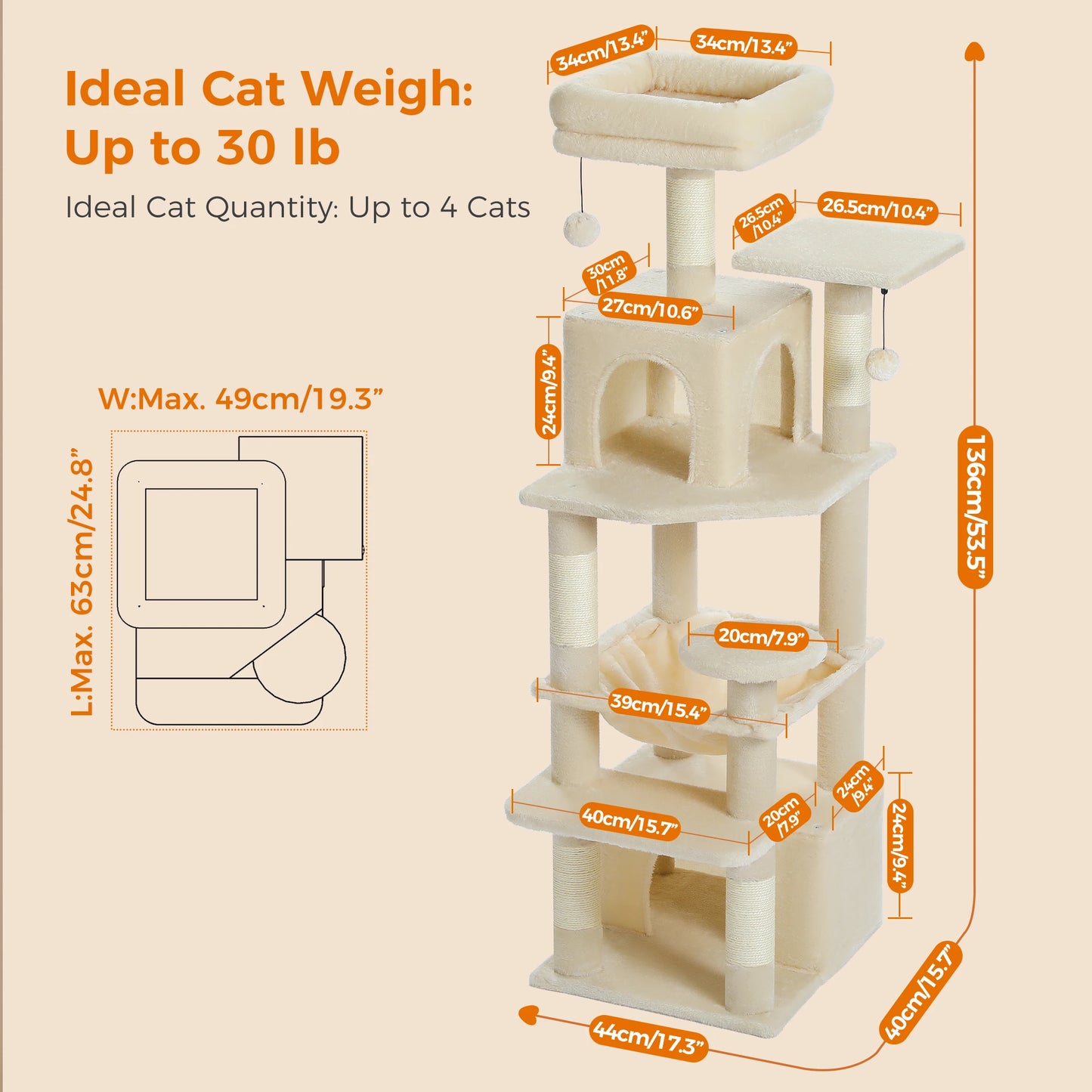 6-levels Cat Tree Tower with Joyful Pompom,Cozy Hammock,Double Condos,2 Top Perches,5 Scratching Posts Perfect for Indoor Cats