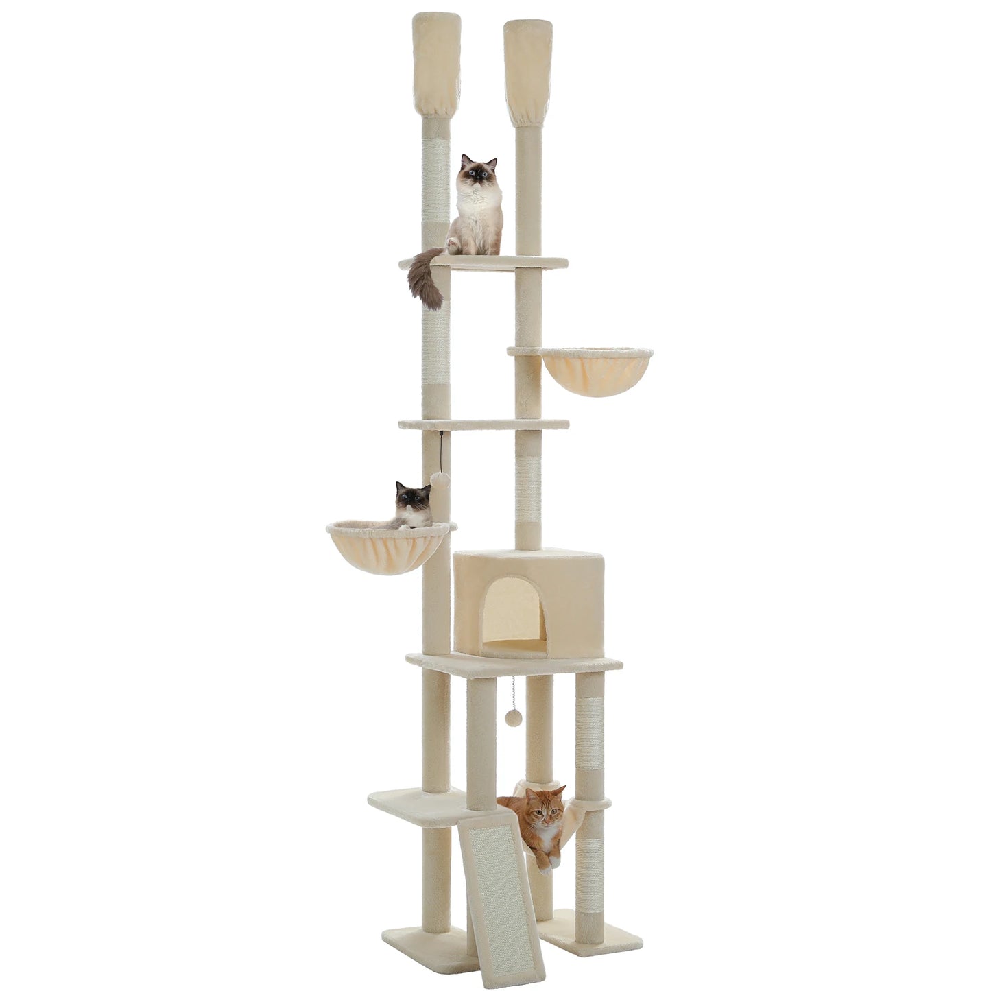 Floor to Ceiling Cat Tree with Sisal Scratching Posts Cozy Condo Hammock Adjustable Height Tall Cat Tower for Indoor Cat Toys
