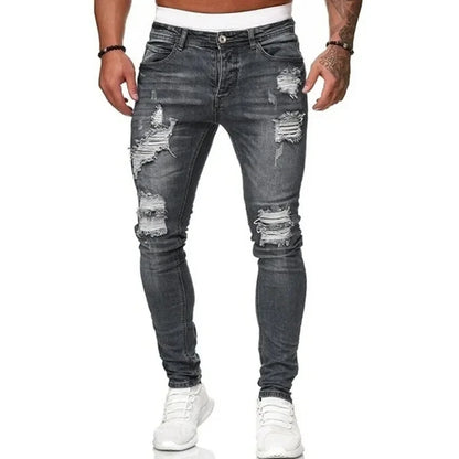 Men's Ripped Skinny Jeans Denim Vintage Wash Slim Fit