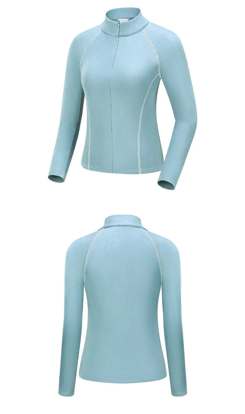 TTYGJ Slim Long Sleeve Golf Base Shirt Women Zipper Neck Warm Velvet Tops Autumn Winter Windproof Thicken Leisure Golf Blouse