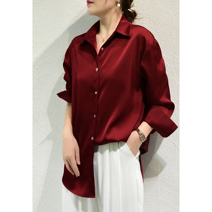 Satin Long Sleeve Blouse For Women Button Front Turn Down Collar Solid