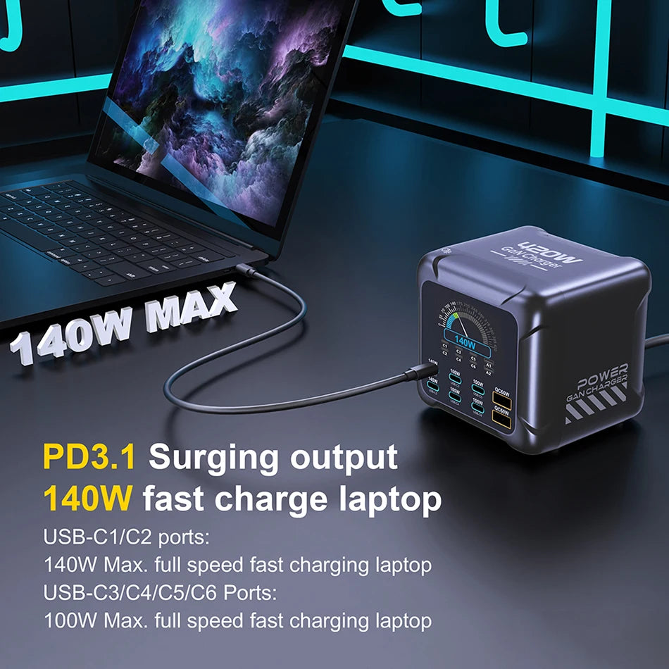 Ubigbuy 300W GaN Charger PPS PD 100W USB Type C 6-Port Digital Display Desktop Fast Charging Station for MacBook iPhone Samsung