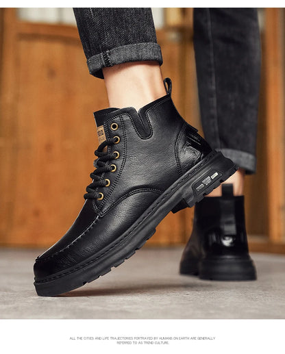 Brown Leather Mens Ankle Boots Lace Up Platform Outdoor