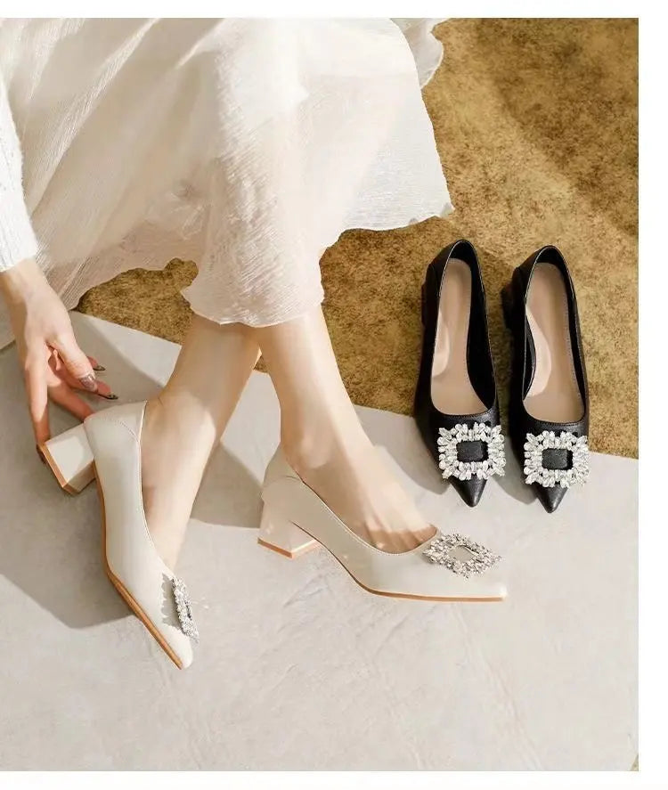 Women's Elegant Black Mid Block Heels Pumps with Crystal Rhinestone Pointed Toe Dress Shoes