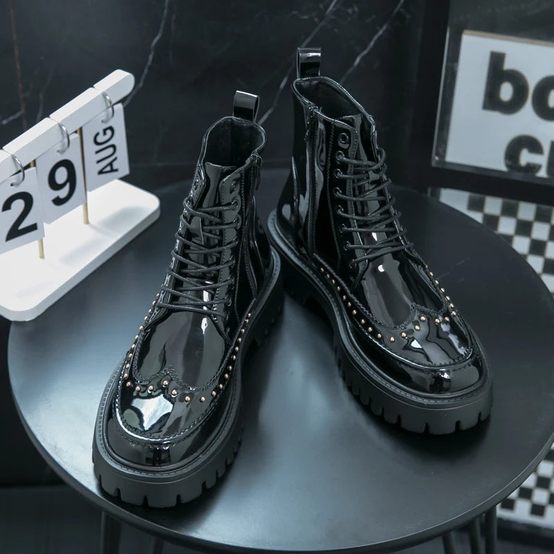 Men's Mid-Calf Leather Motorcycle Boots Pointed Toe Lace-Up