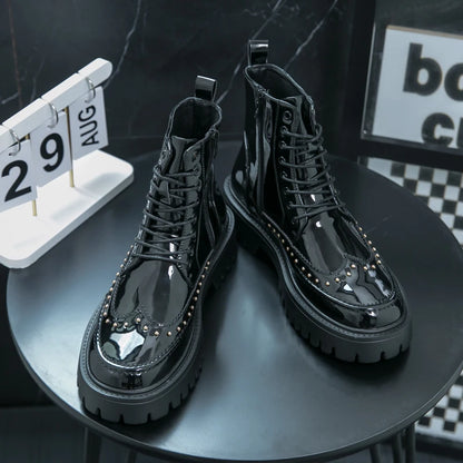 Men's Mid-Calf Leather Motorcycle Boots Pointed Toe Lace-Up