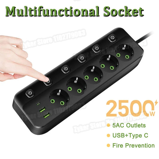 EU Plug Electrical Socket with 3/5 AC Outlets 2 USB Ports + 1 Type C 6/8-in-1 Plug Socket Adapter 2M Power Strip for Home Office