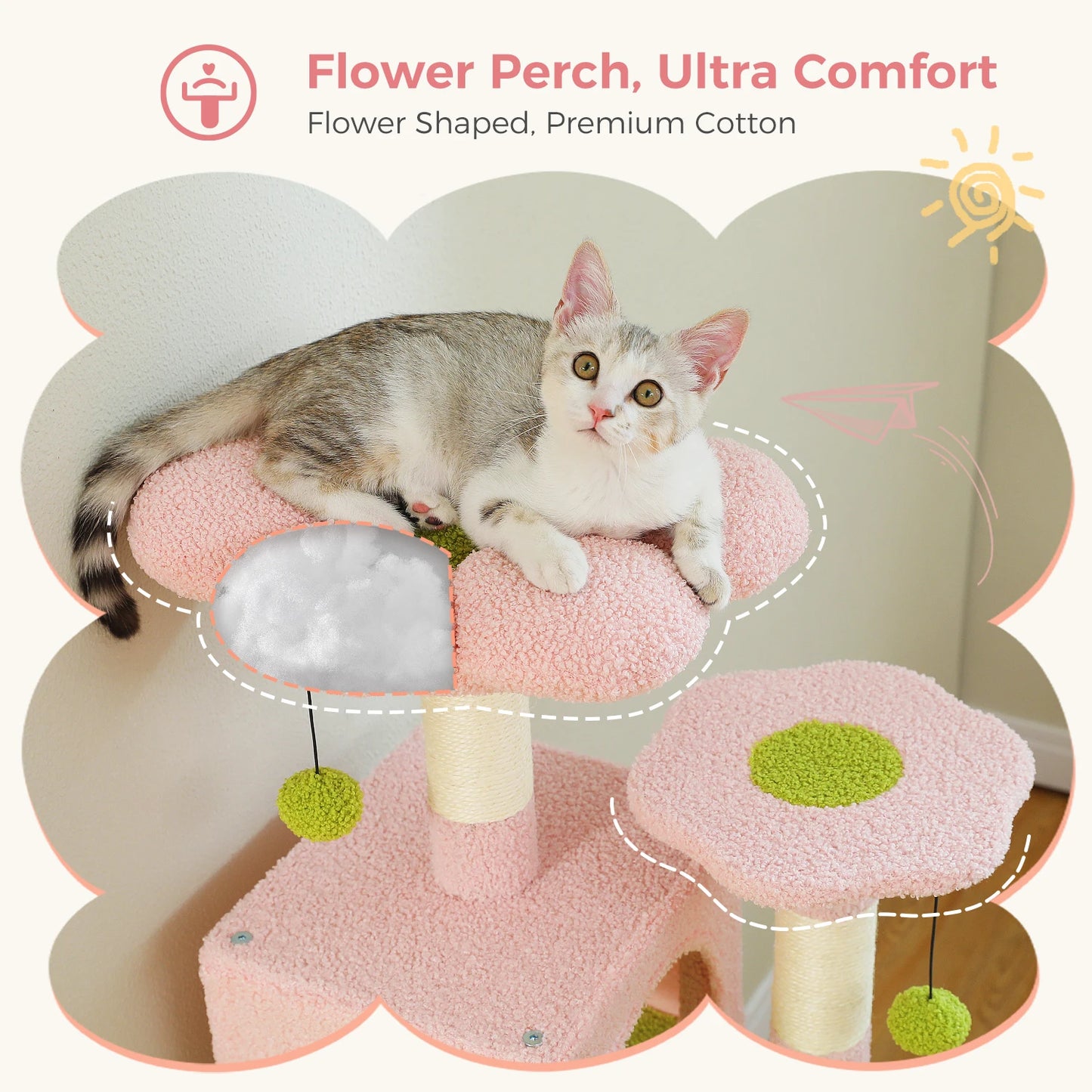 6-levels Cat Tree Tower with Joyful Pompom,Cozy Hammock,Double Condos,2 Top Perches,5 Scratching Posts Perfect for Indoor Cats