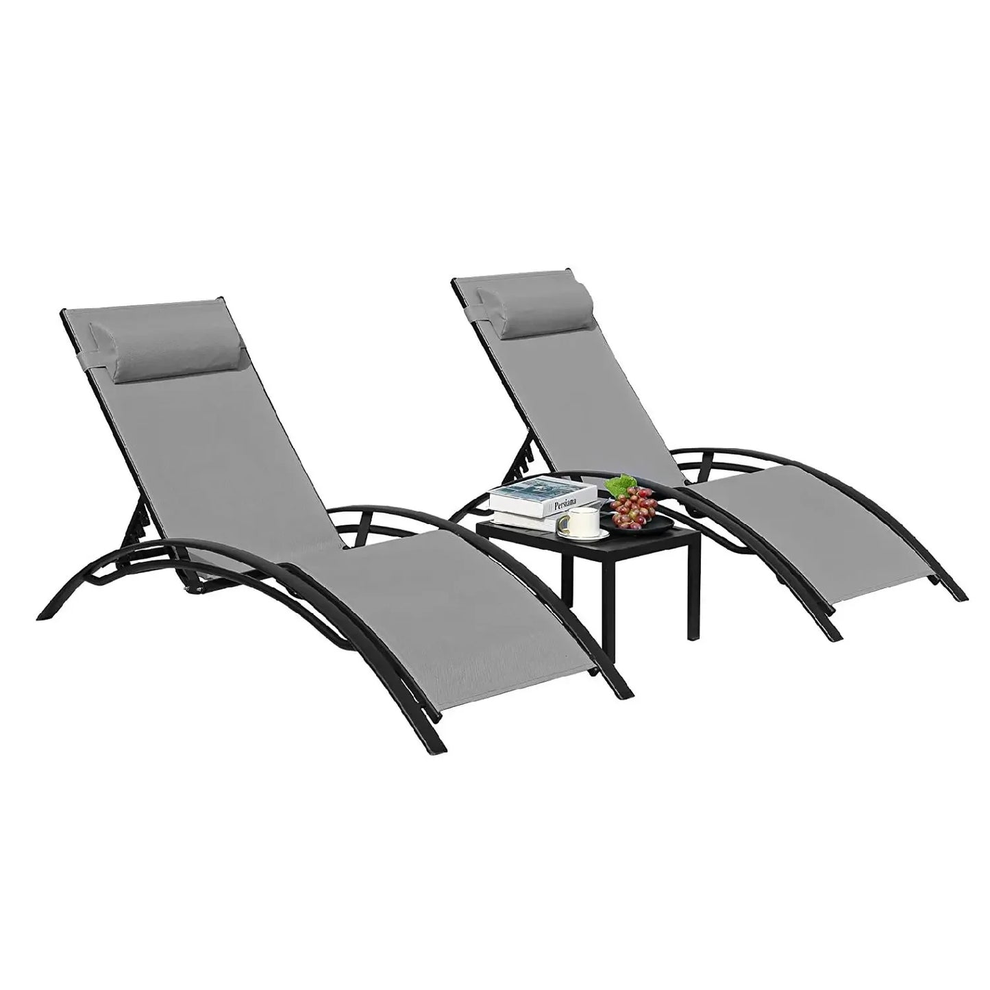 Aluminum Lounge Chair for Outside with 5 Adjustable Positions+Table 3Pcs Chaise Outdoor for Pool, Garden,Beach,Camping,Backyard