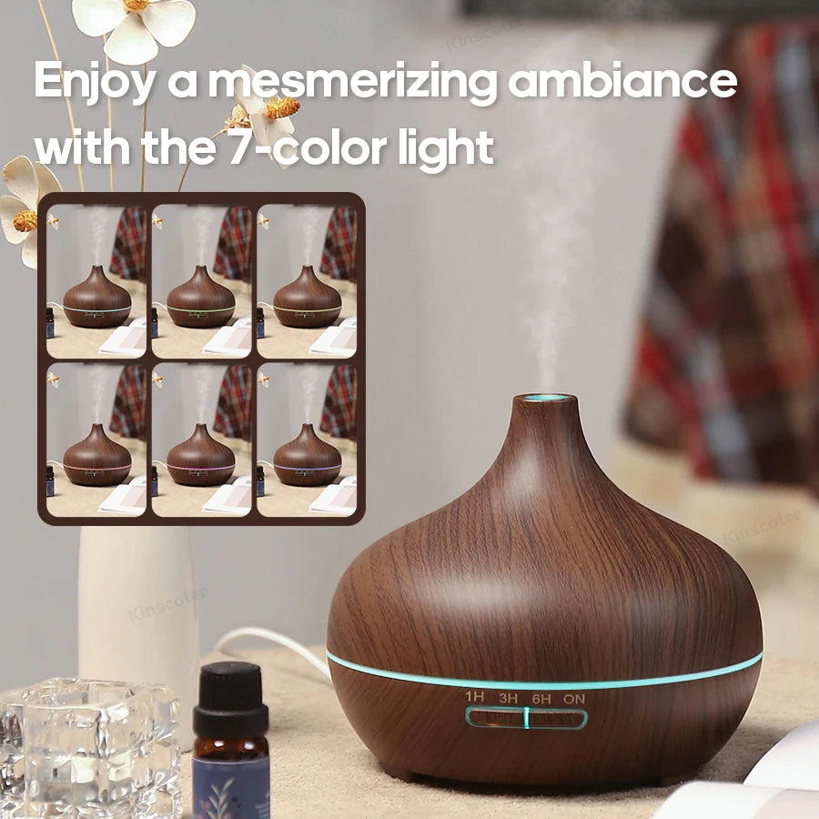 KINSCOTER Wood Grain Aromatherapy Diffuser 300ml Essential Aroma Oils Ultrasonic Air Humidifier 3 Timers USB Color Light