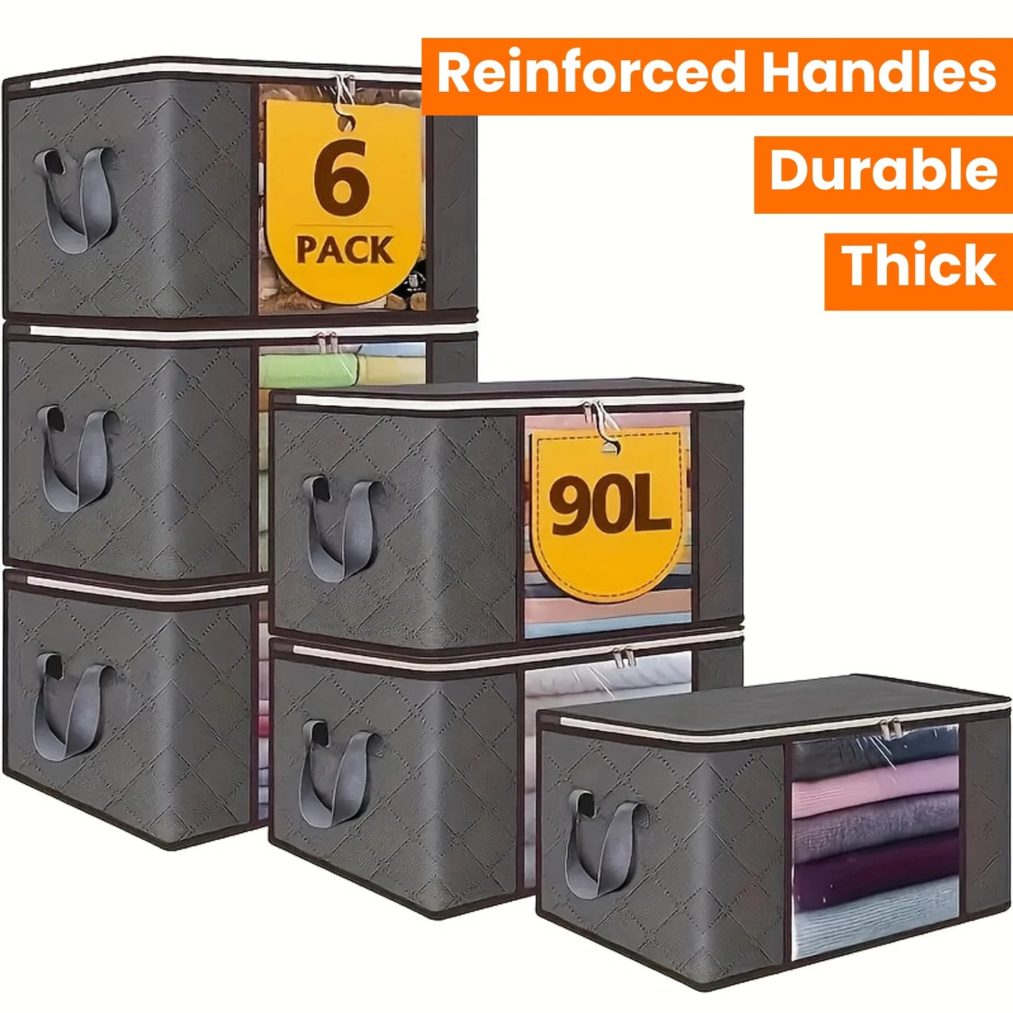 6pcs 23.78 gallon oversized storage bag with zipper and lid - Foldable and durable clothing organizing bag suitable for bedding