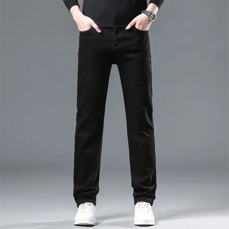 Men's Black Denim Jeans with Velvet Fleece-Lined Plus Size