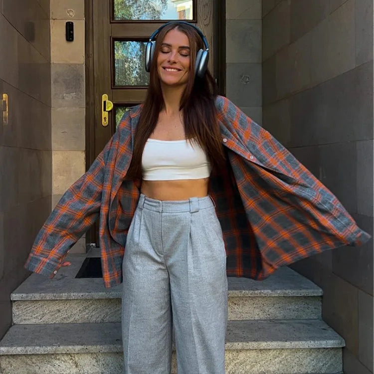 Oversized Plaid Shirt For Women Long Sleeve Button-Down Korean Style