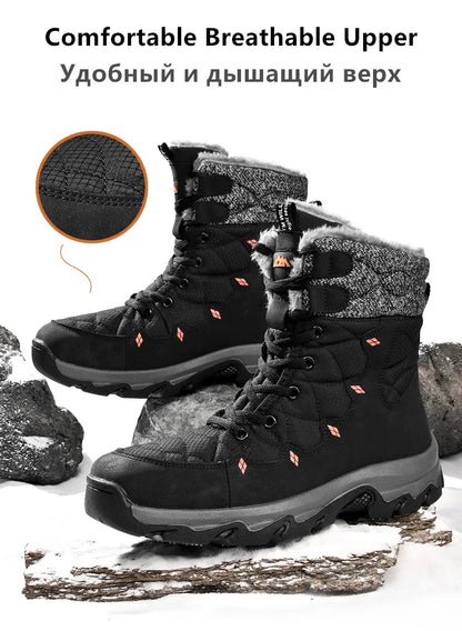 Men's Winter Snow Boots Leather Waterproof Mid-Calf Plush Lining Lace-Up