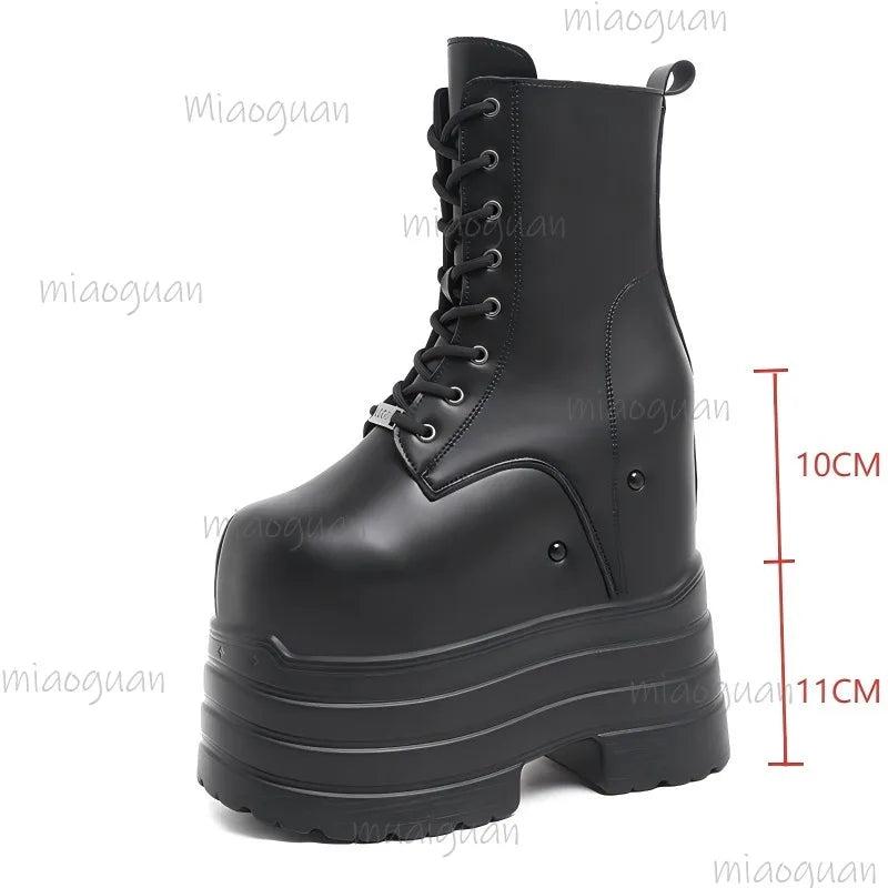 Height Increasing Women's High Boots Black Leather Thick Bottom Platform Shoes Side Zip Gothic Punk Short Boots Street Style