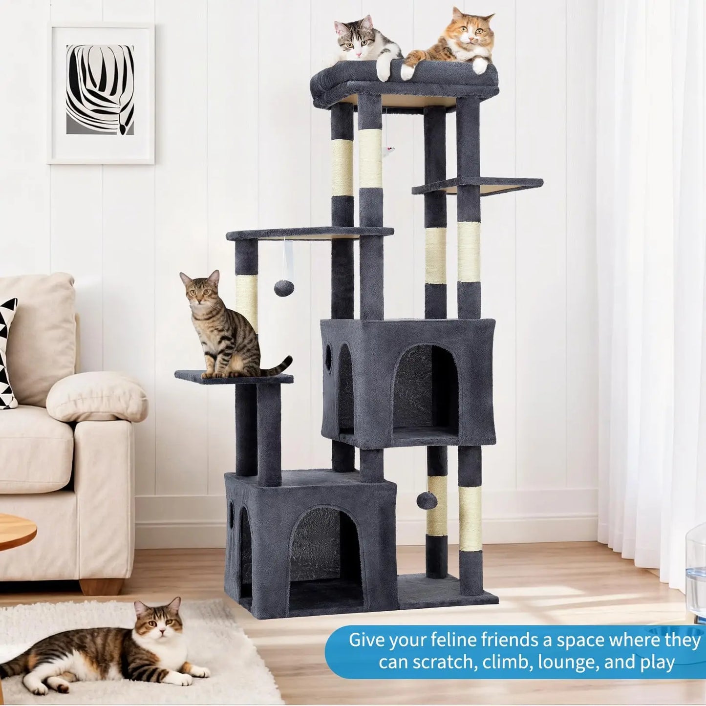 61" Heavy-Duty Multi-Level Cat Tree For Large Cats Oversized Perch & Dual Condos Natural Sisal Posts For Maine Coon