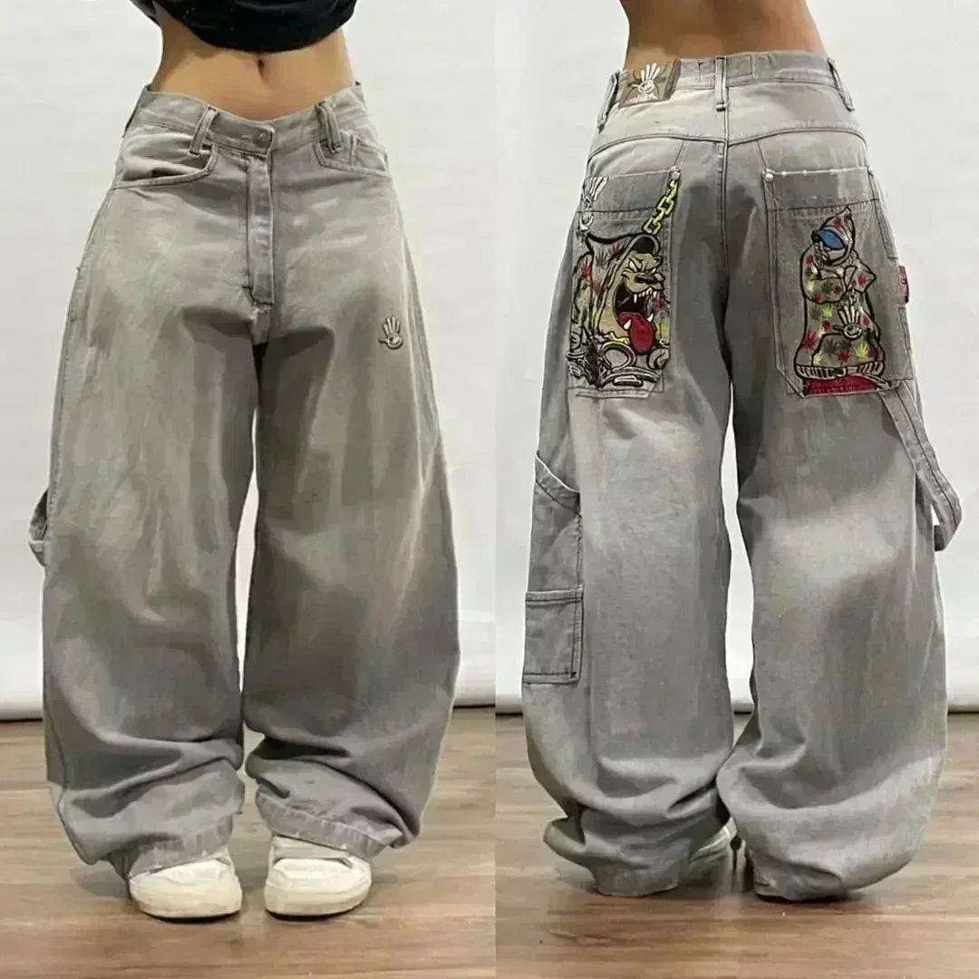 American Fashion Trend Joker Pattern Embroidered Loose Jeans Women Street Y2K New Hip Hop Oversized Wide-leg Pants Unisex Jeans