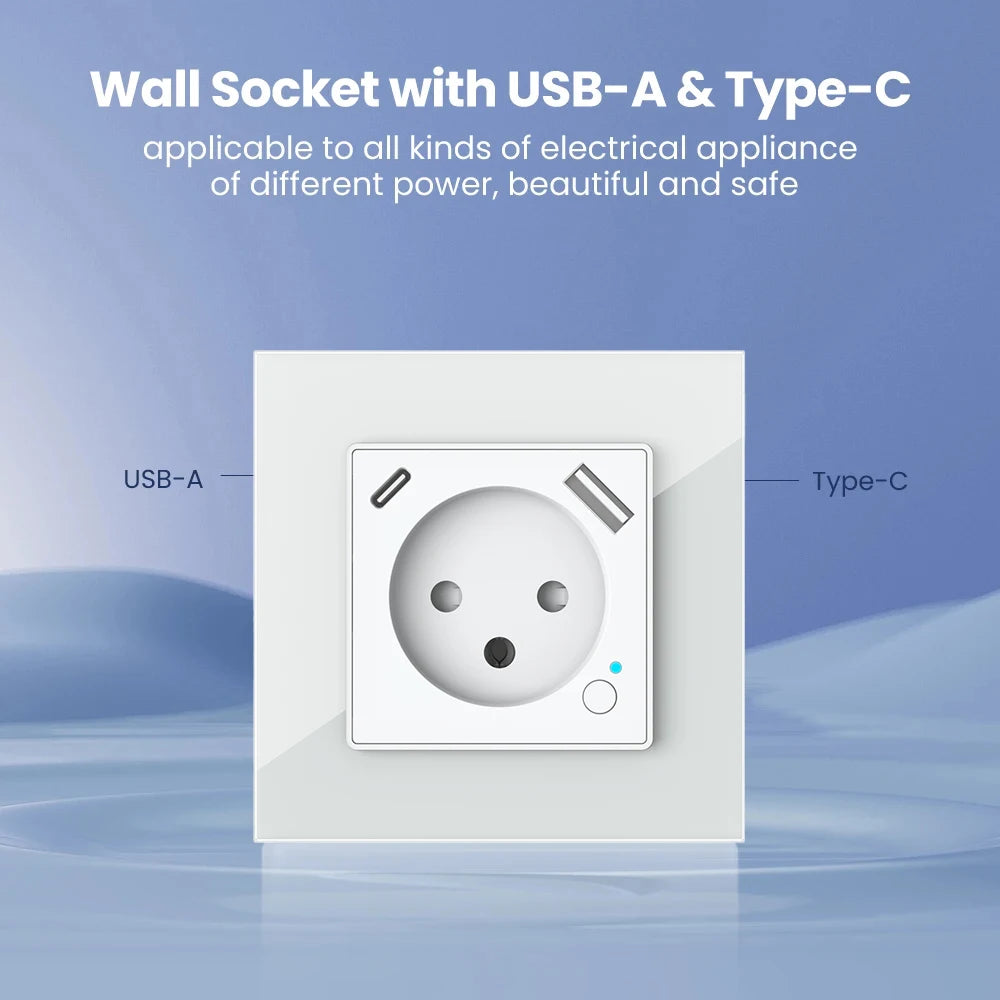 Melery Tuya WiFi Smart Israel Wall Socket EU Power Plug Outlet USB Type-C PD 20W Charge Port for Iphone Alexa Dot Google Home