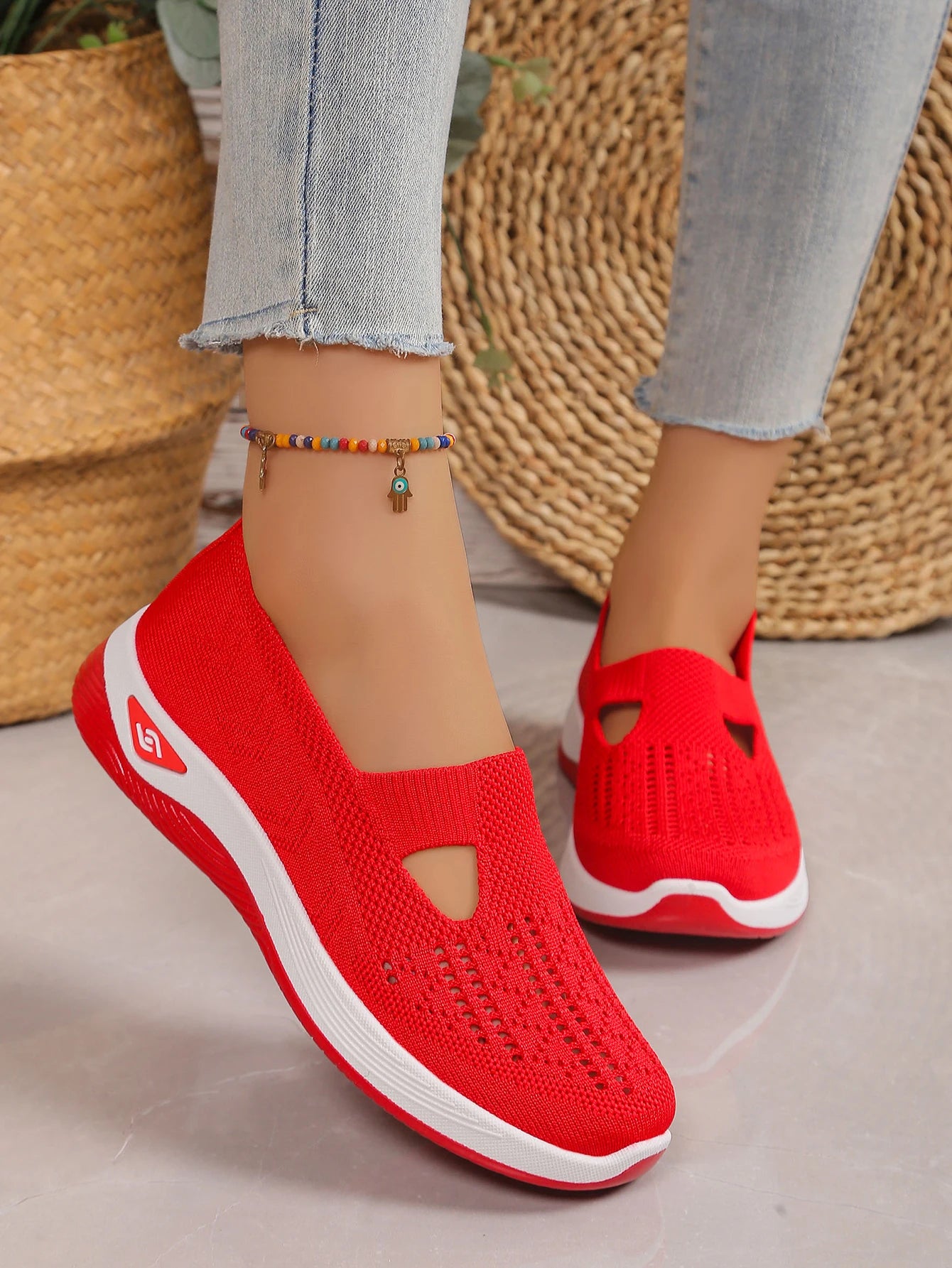 Women's shoes Solid Color Breathable Sneakers, casual sneaker women's summer sneakers, Low-top Knitted Casual Shoes Mom Shoes