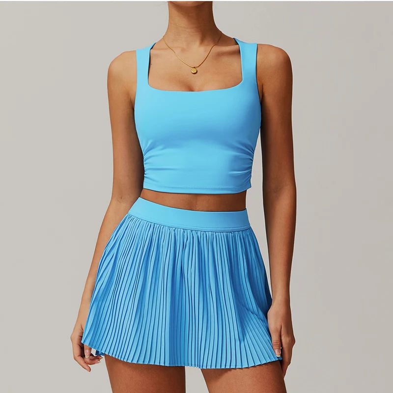 VITALINOVO Tennis Dress for Women 2 Pieces High Waisted Pleated Skirt Sets Racerback Padded Workout Crop Tank Tops Golf Workout
