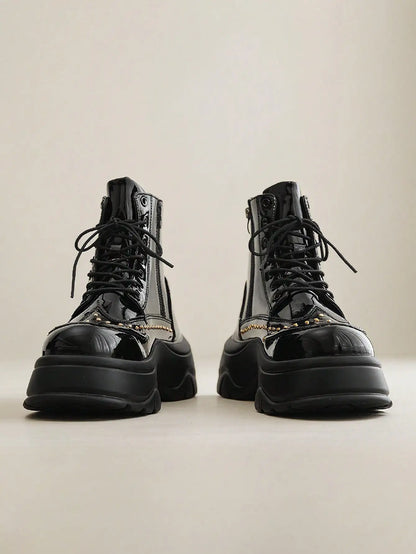 Mid-Calf Leather Motorcycle Boots With Rivet And Lace-Up 4.5 cm Thick Sole