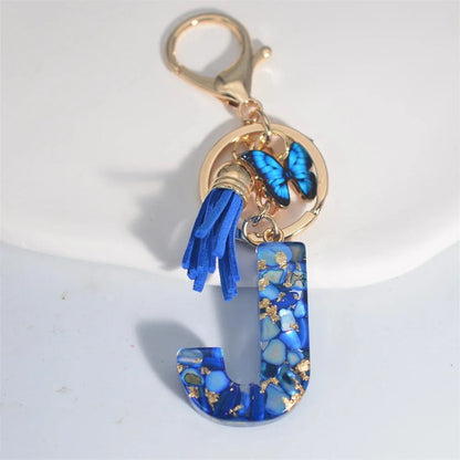 AZ Letter Keychain With Blue Stone And Butterfly Tassel Pendant