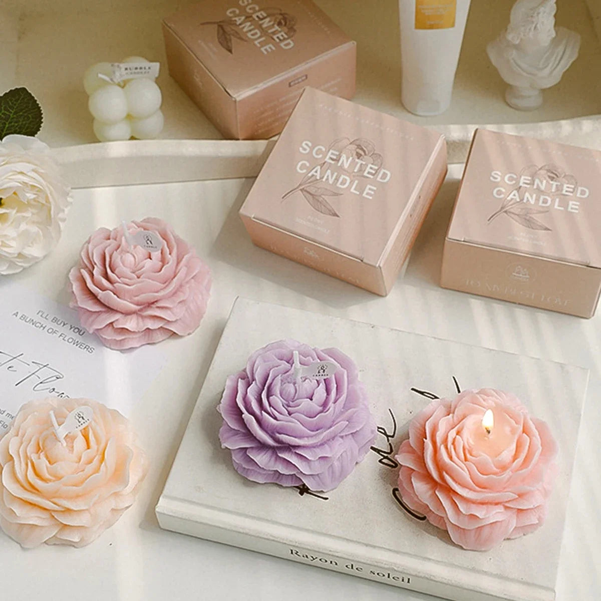 3D Peony Aromatherapy Candle - Creative Flower Shape, Wedding Decor Gifts Box & Valentine's Day Scented Souvenir Ornament