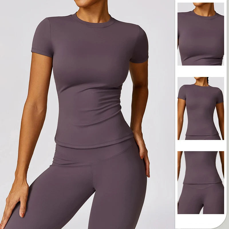 Women's Sports T Shirt Summer Short Sleeve Running Round Neck Breathable Stretchy GYM Yoga Slim Fitness Active Top Tee