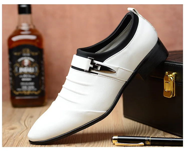 Men Slip On Black Leather Dress Shoes Pointed Toe Rubber Sole Plus Size